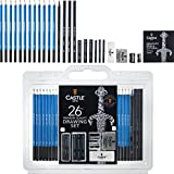Castle Art Supplies Juego Premium de 26 Uds. para Dibujo y Bosquejo | Para Artistas, Profesionales o Principiantes | Lápices, Carboncillo, Grafito y Mucho Más | Organizadas en un Estuche Portátil