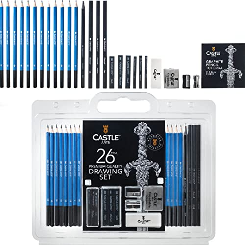 Castle Art Supplies Juego Premium de 26 Uds. para Dibujo y Bosquejo | Para Artistas, Profesionales o Principiantes | Lápices, Carboncillo, Grafito y Mucho Más | Organizadas en un Estuche Portátil