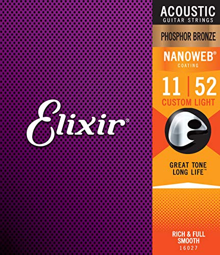 Cuerdas de guitarra acústica Elixir Strings de bronce fosforado con recubrimiento NANOWEB, calibre ligero personalizado (.011-.052)